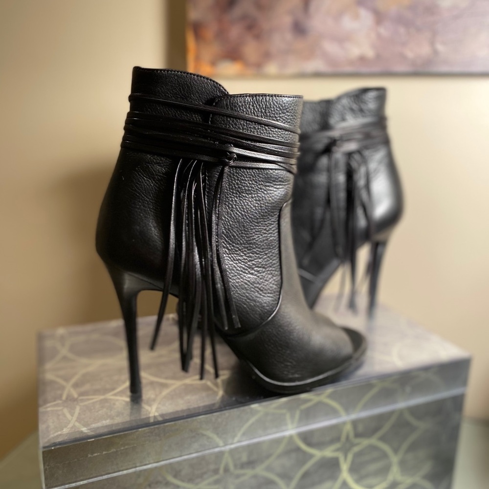 Coach black tassel peep toe booties
